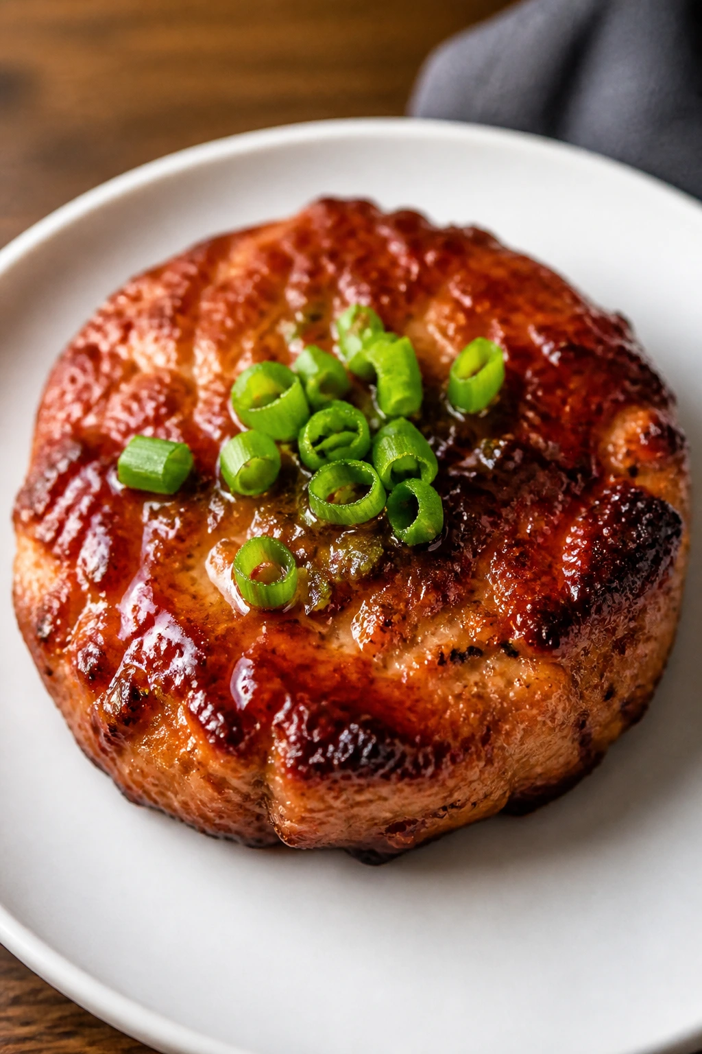 Teriyaki tuna patty with glaze on a plate