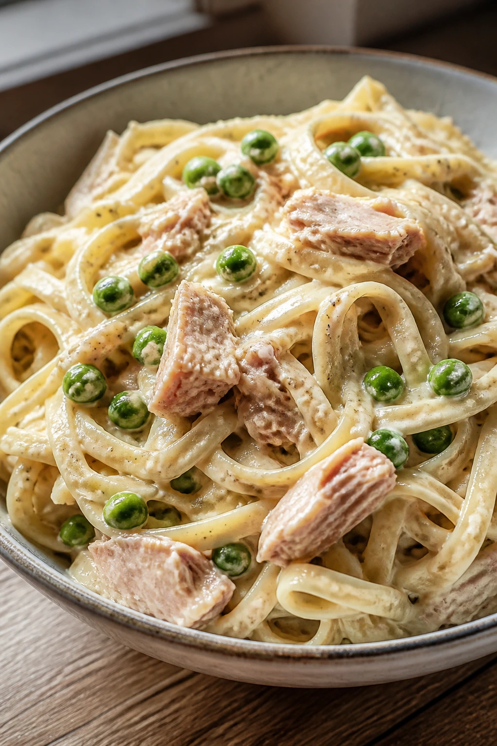 Creamy tuna and pea noodles in a bowl