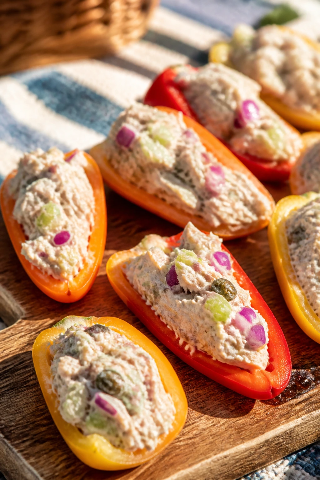 Close-up of stuffed mini peppers with tuna salad on a wooden board outdoors