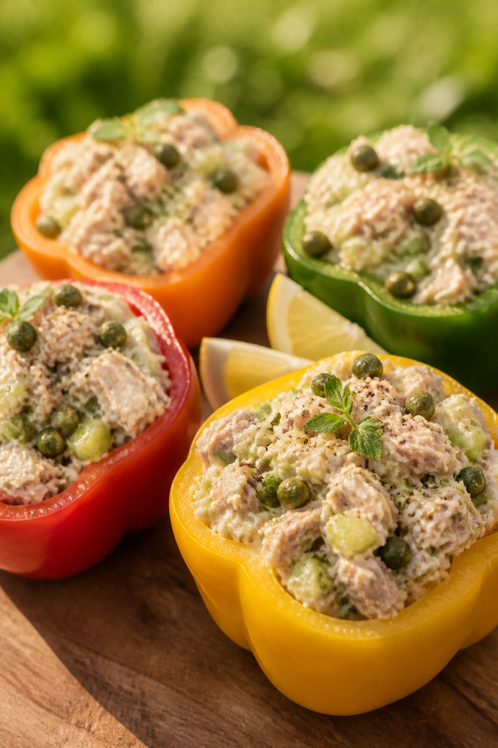 Close-up of tuna salad stuffed bell peppers on a rustic board in an outdoor picnic setting.