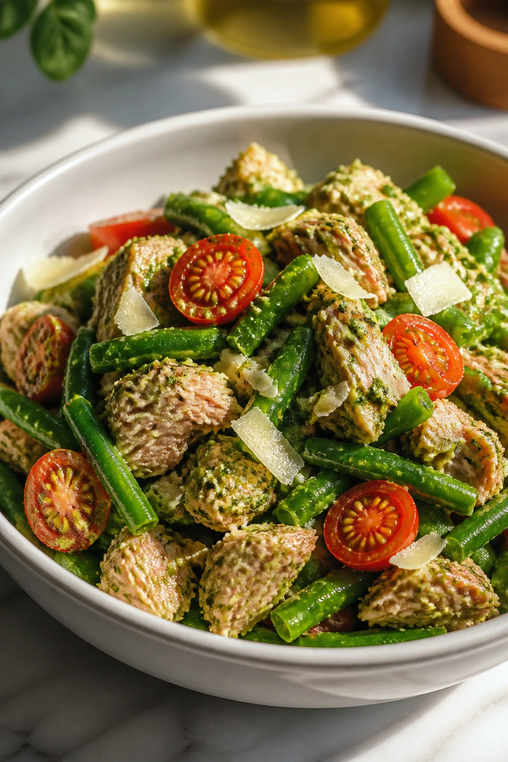 Close-up of Pesto Tuna Salad with Green Beans and Cherry Tomatoes featuring tuna, pesto, green beans, and tomatoes.
