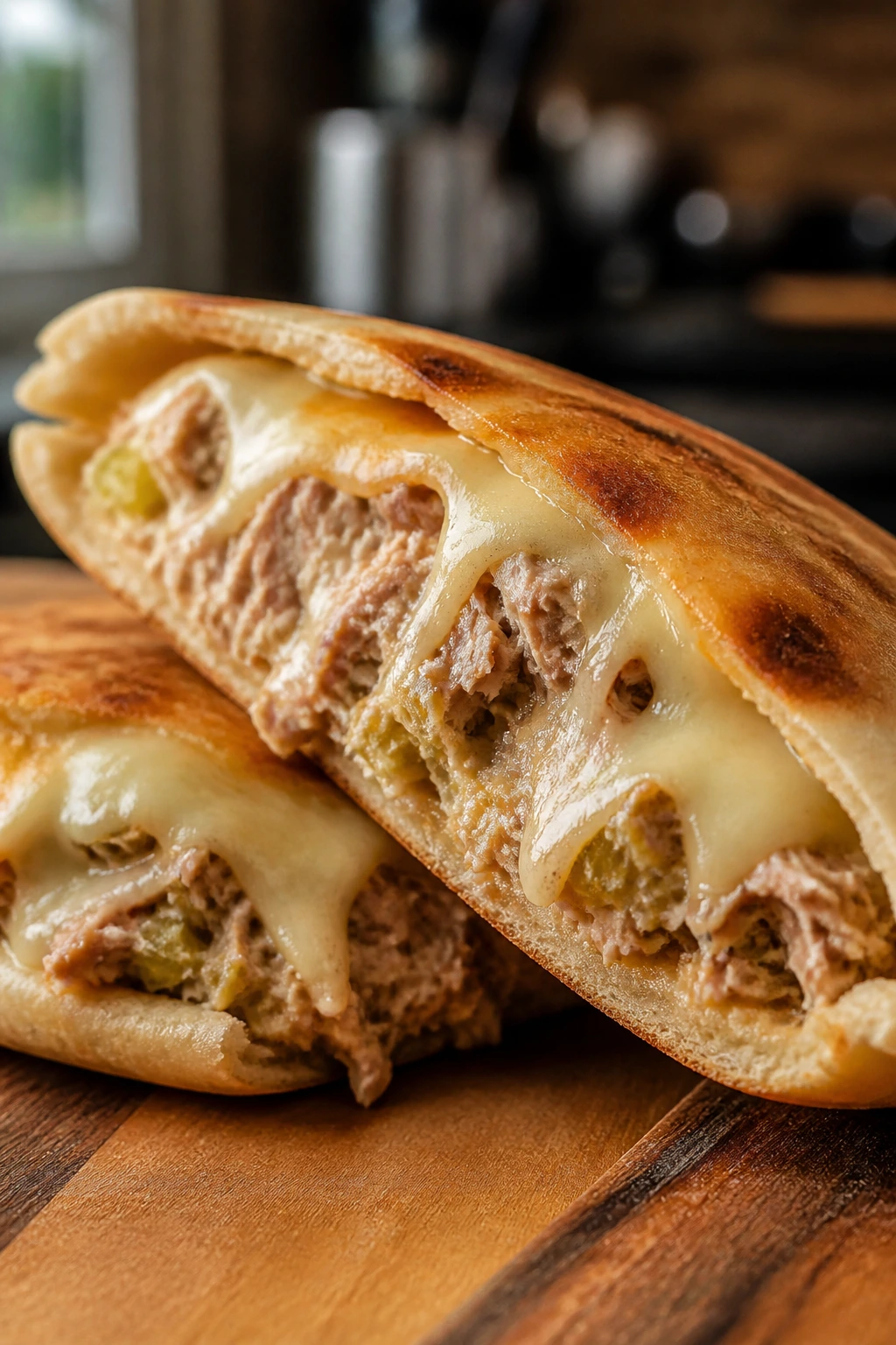 Close-up of a pita stuffed with tuna melt and melted cheese