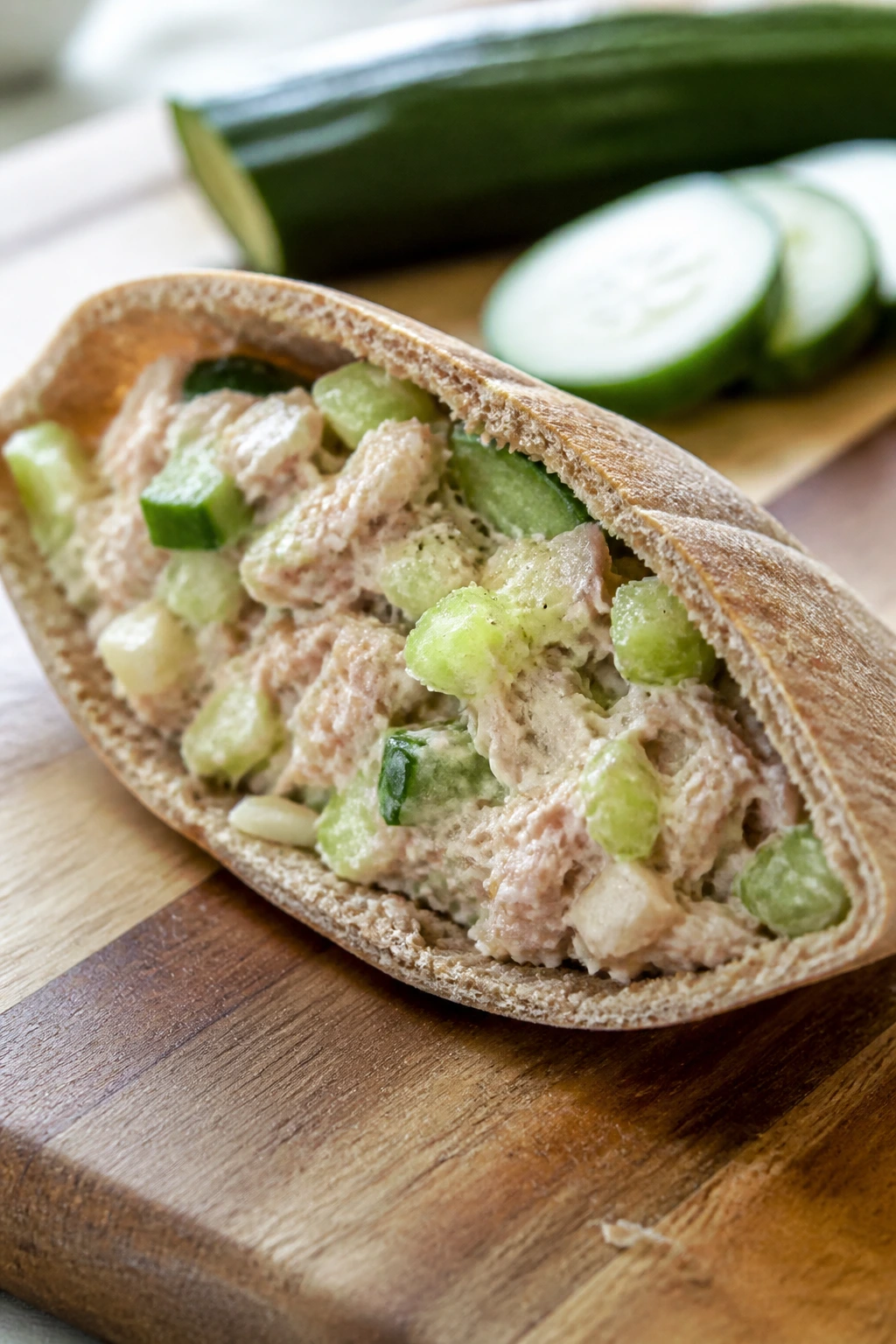 Close-up of a pita pocket filled with tuna salad and cucumber on a wooden kitchen counter
