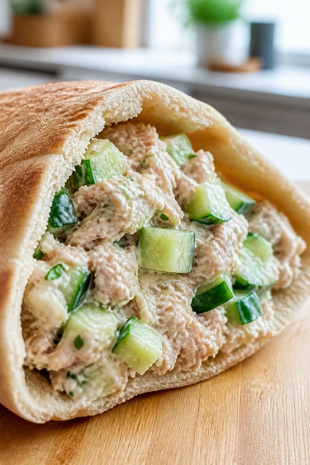 Open pita pocket filled with tuna yogurt salad and cucumber