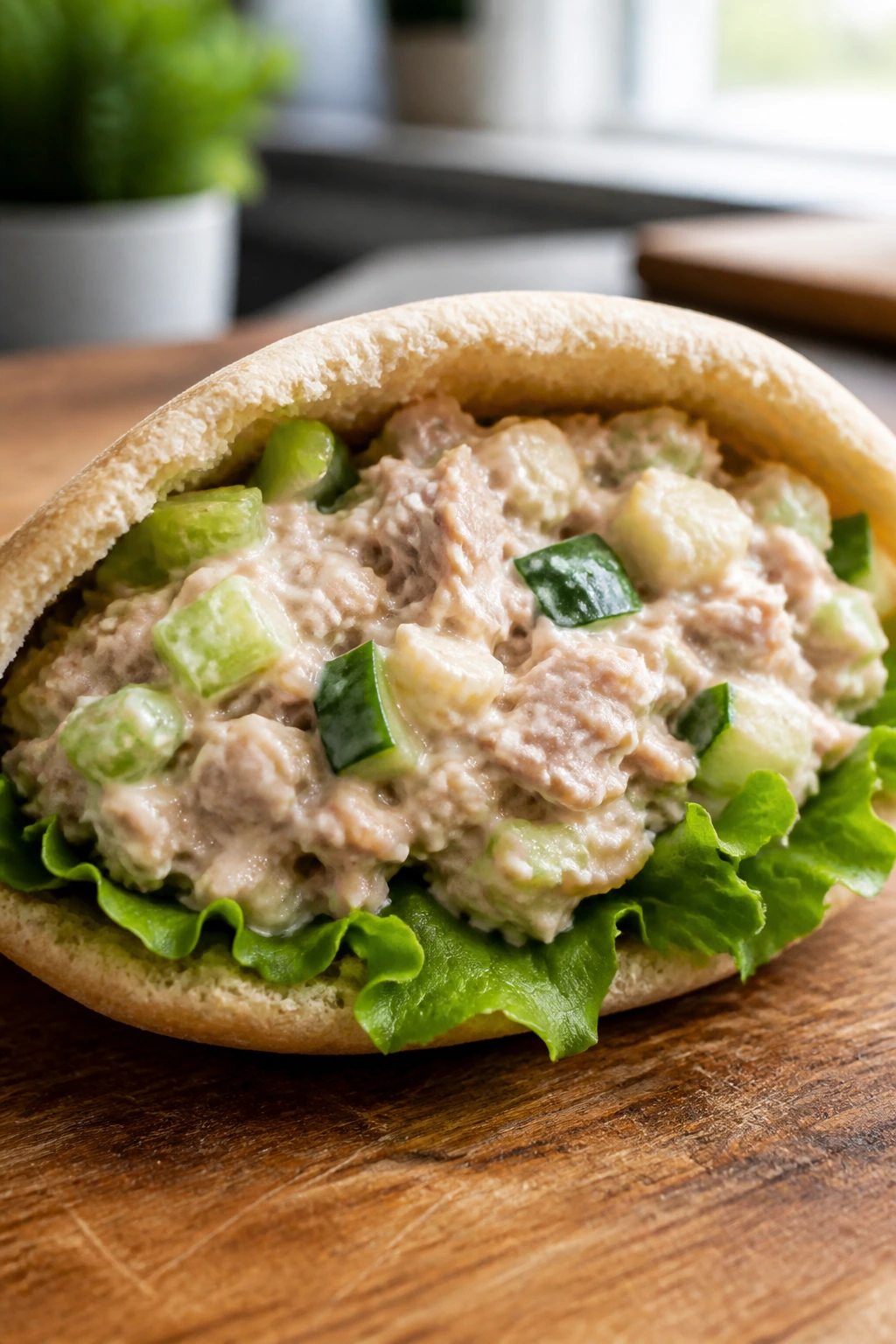 Close-up of a tuna pita pocket filled with chunky tuna salad and celery on a wooden counter