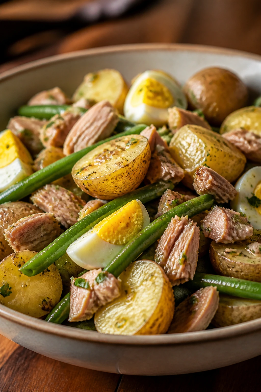 Close-up of Warm Potato Tuna Salad with Dijon Vinaigrette featuring potatoes, tuna, eggs, and green beans.