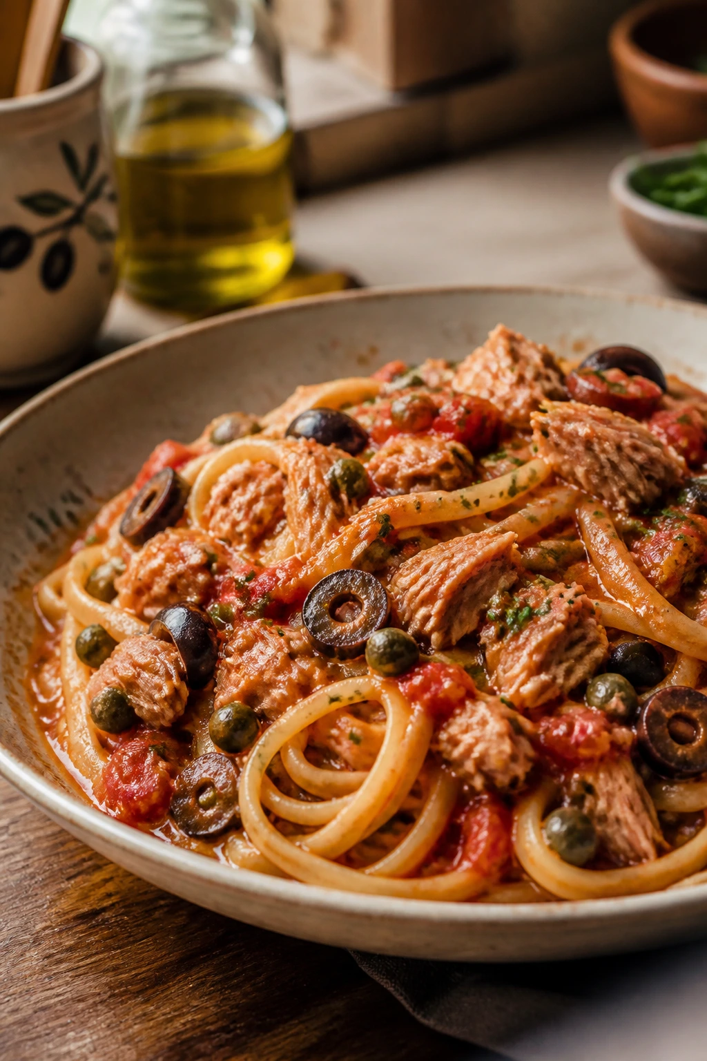 Tuna puttanesca pasta close-up with olives and capers in sauce