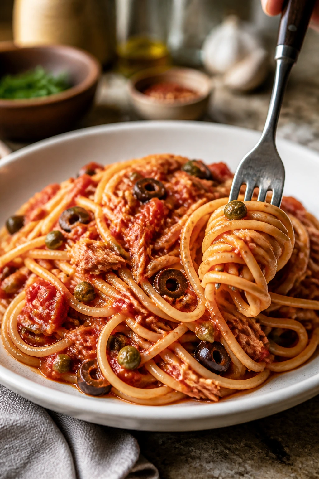 Plate of tuna puttanesca spaghetti with olives and capers