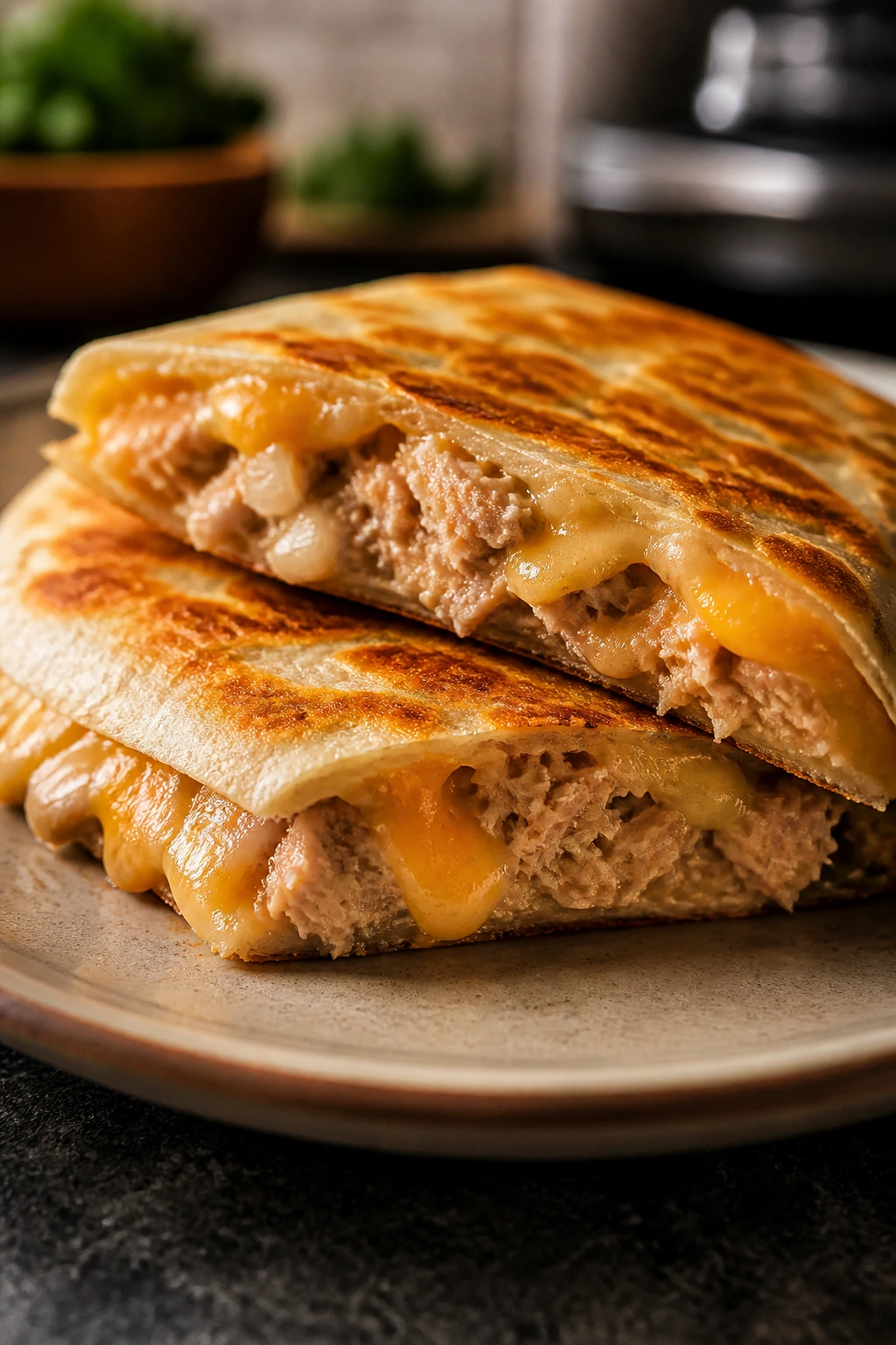 Half of a tuna melt quesadilla on plate with melted cheese.