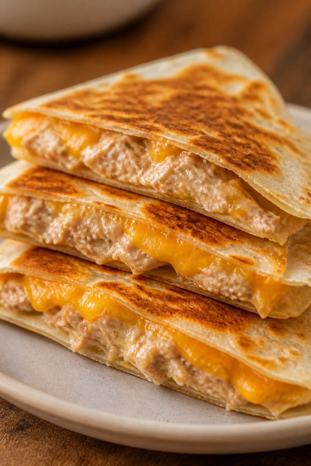 Close-up tuna melt quesadilla wedges on plate