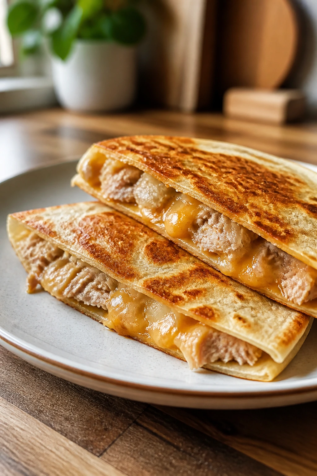 Close-up tuna melt quesadillas wedges on a plate