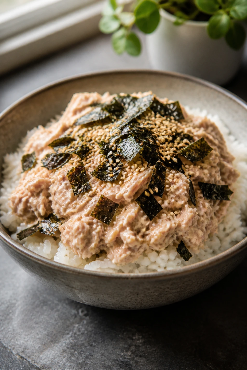 Tuna rice bowl with mayo and nori in a close-up bowl