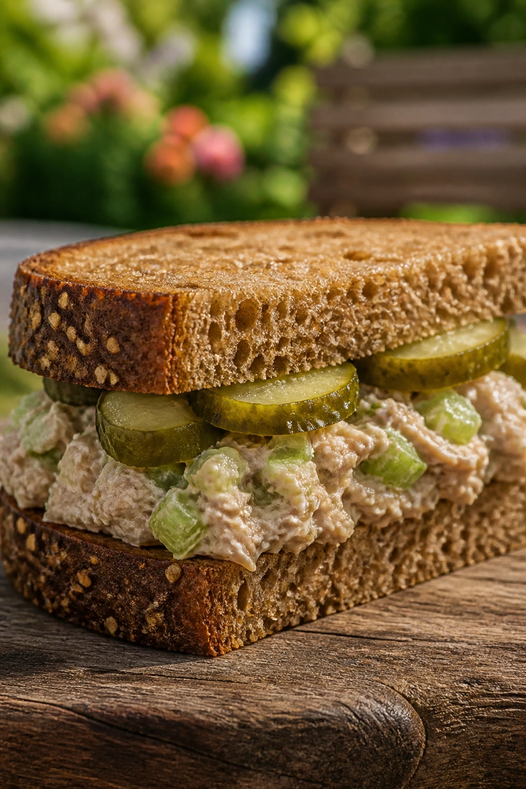 Close-up of tuna salad on rye with dill pickles outdoors