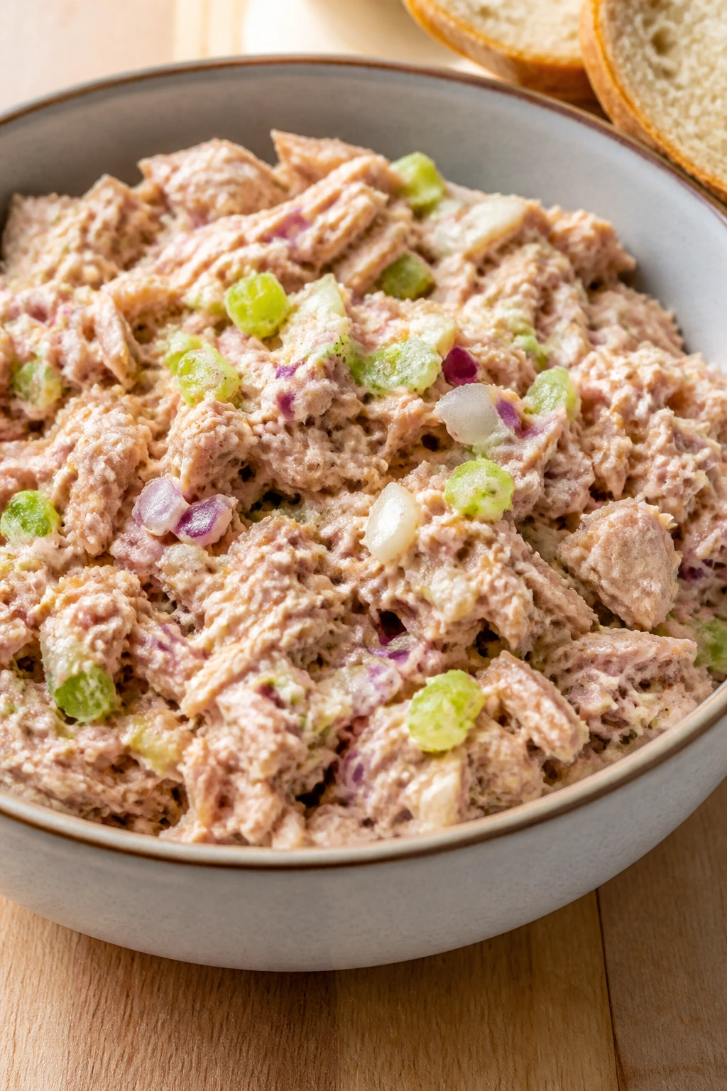 Close-up of tuna salad in a bowl with celery and onion
