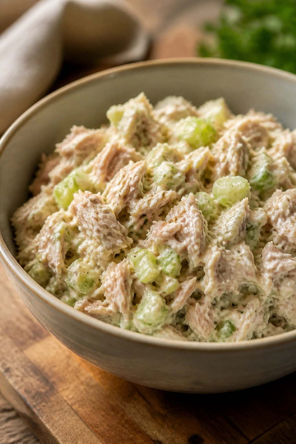 Close-up of a glossy bowl of light tuna salad on a wooden counter
