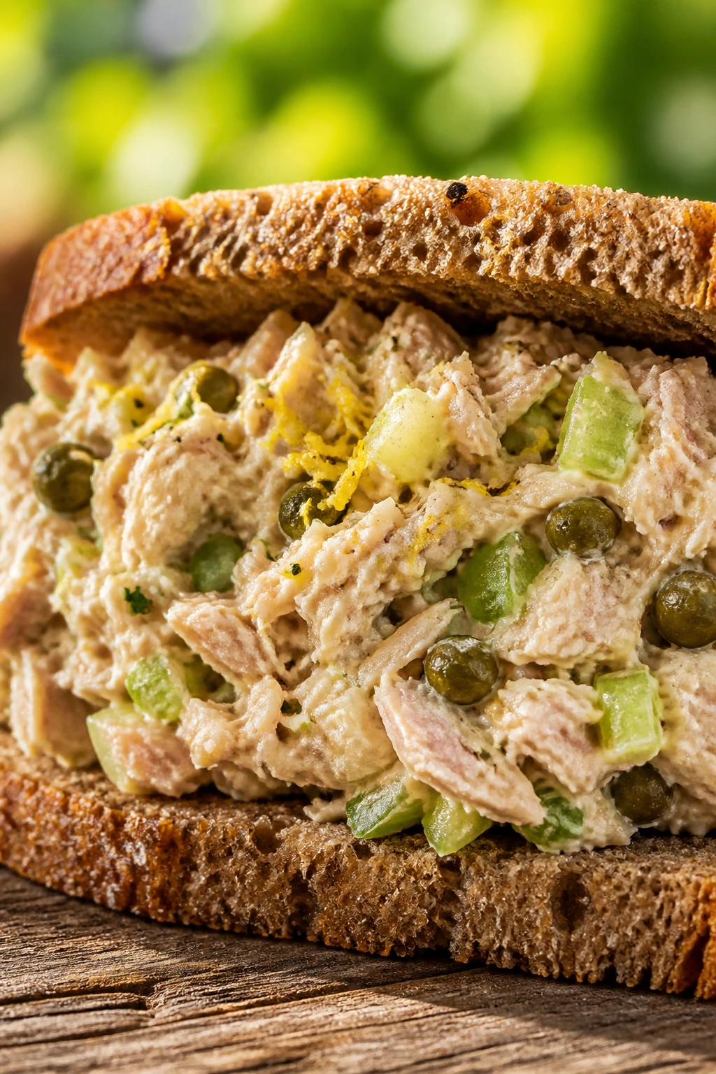 Close-up of tuna salad sandwich with capers and lemon on rye bread.