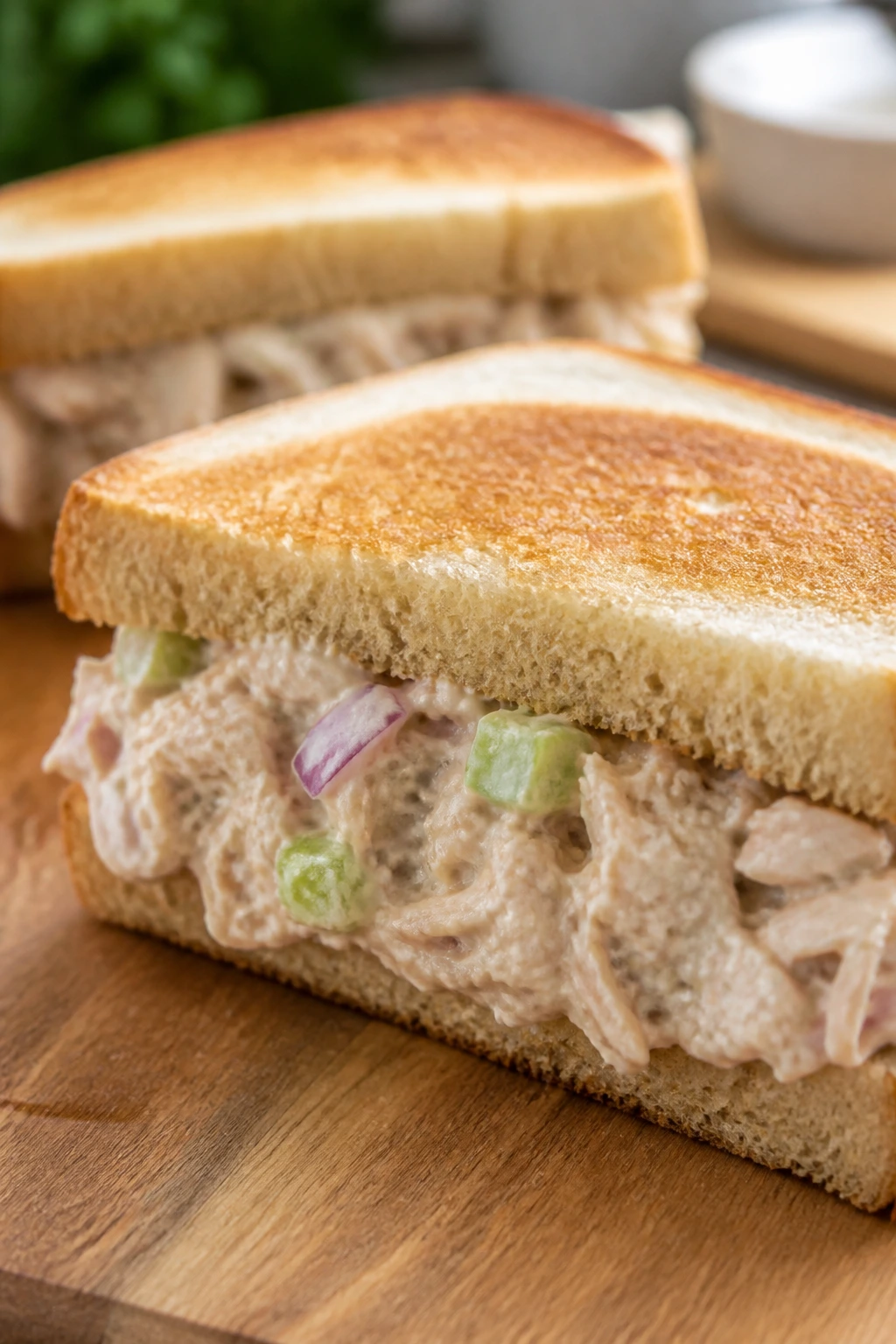Close-up tuna salad sandwich with celery and onion filling