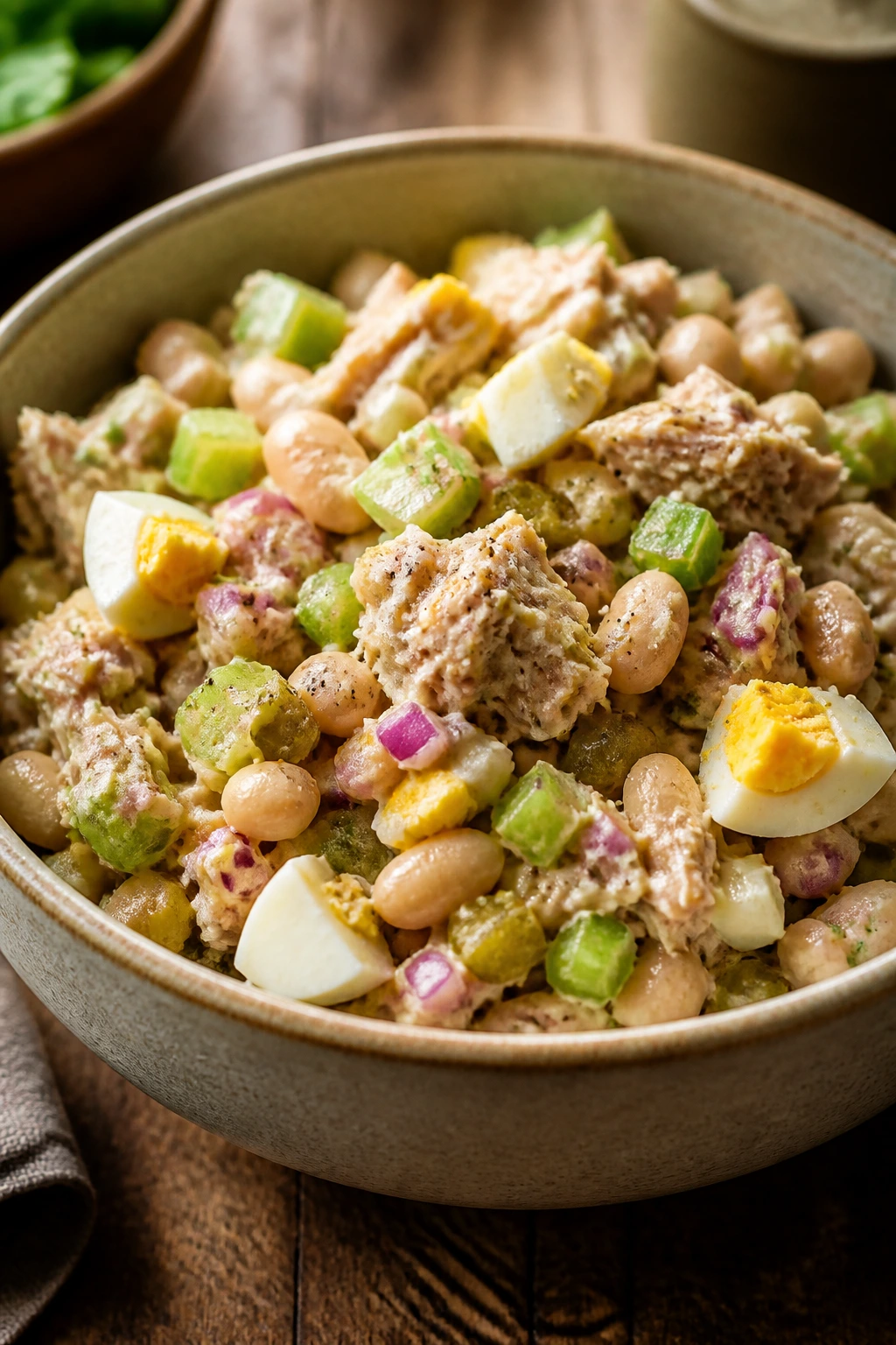 Close-up of a hearty tuna salad bowl with celery, onions, beans, and eggs on a rustic counter