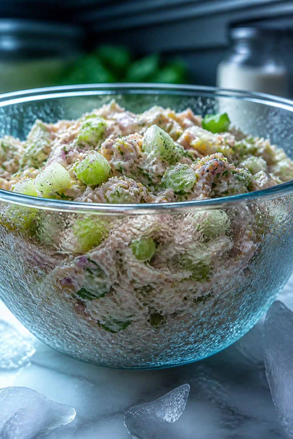 Glass bowl of tuna salad with condensation on the sides on a chilled surface