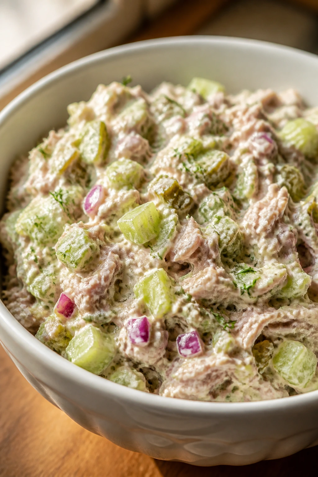 Close-up of creamy tuna salad with celery and pickles in a bowl