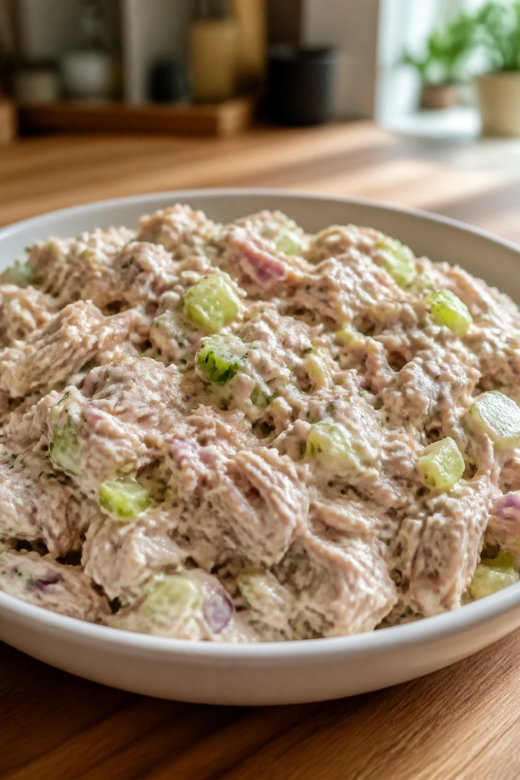 Close-up of creamy tuna salad in a bowl with celery and onion pieces