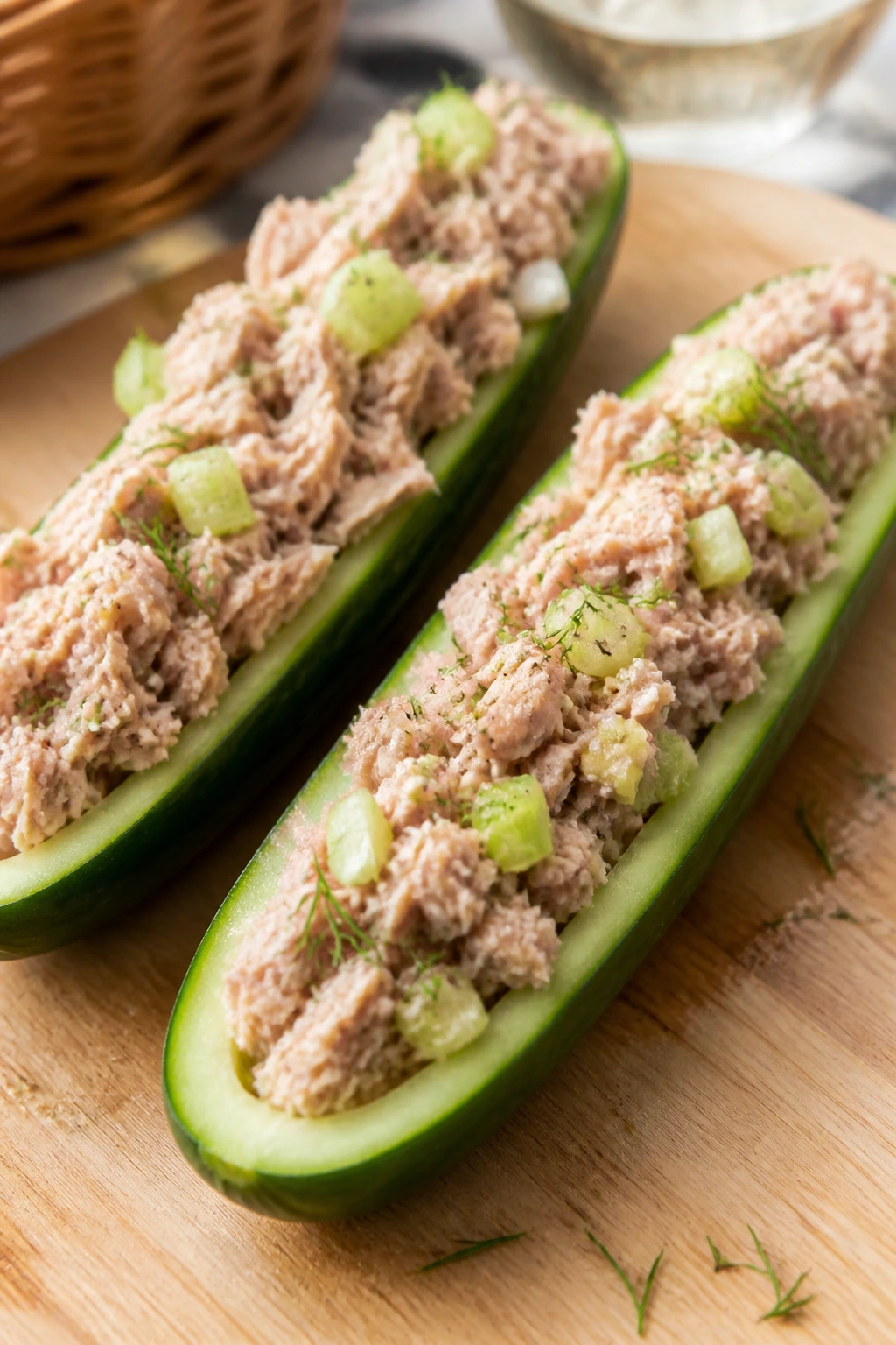 Cucumber boats with tuna salad on a wooden surface