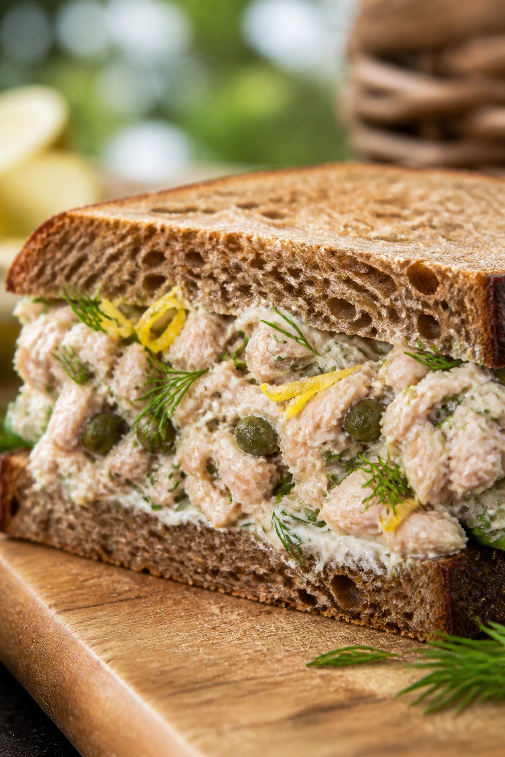 Close-up of tuna salad sandwich with dill lemon capers outdoors