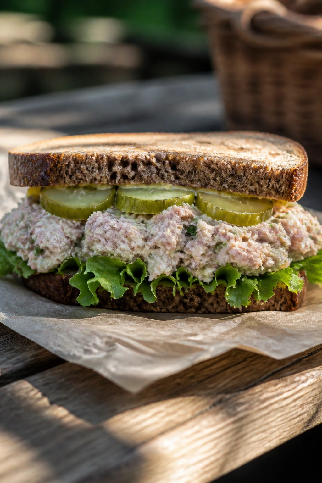 Tuna salad with dill pickles on rye, cross-section
