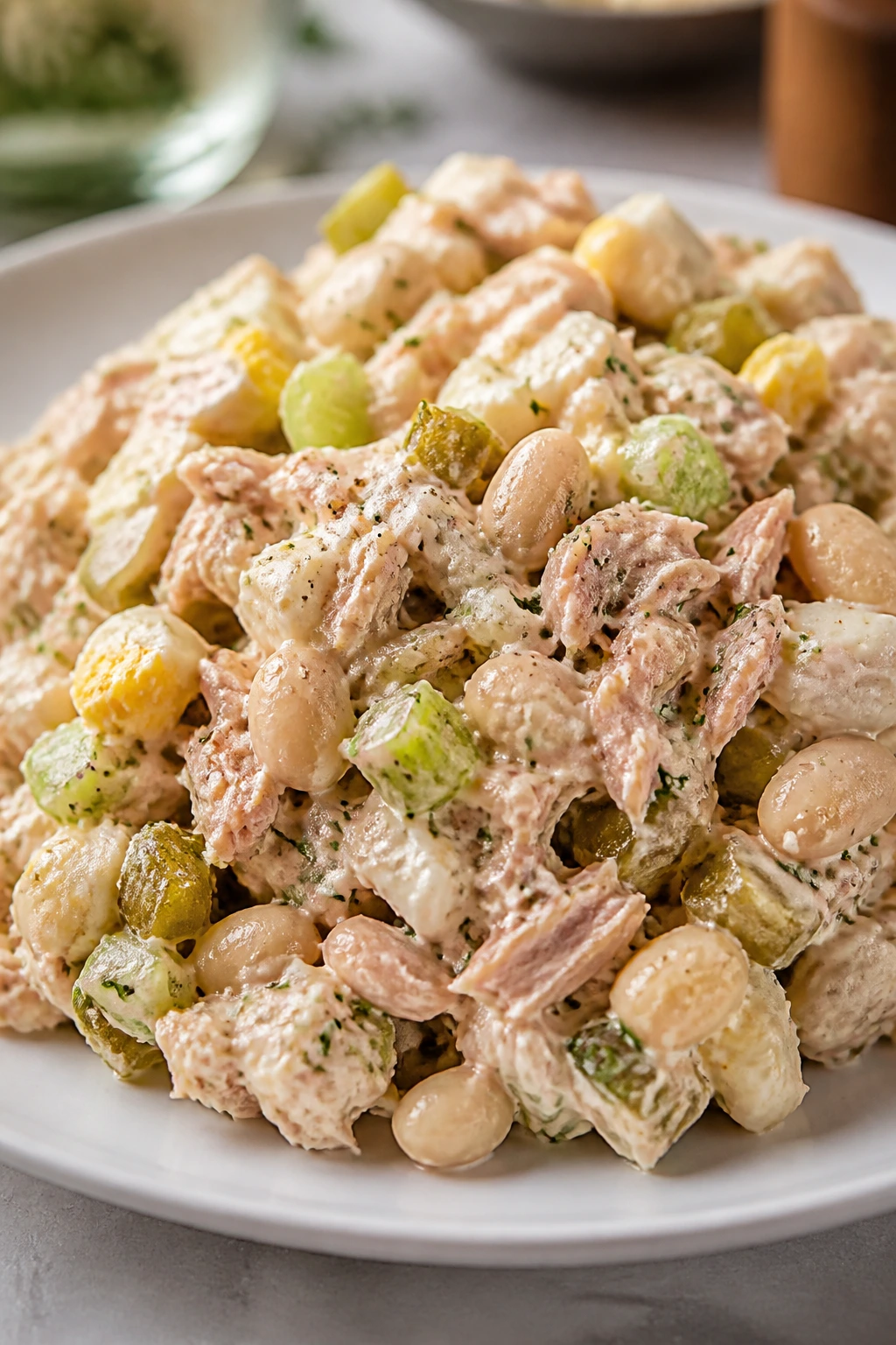 Close-up of hearty tuna salad with beans, eggs, celery and dill pickles on a plate