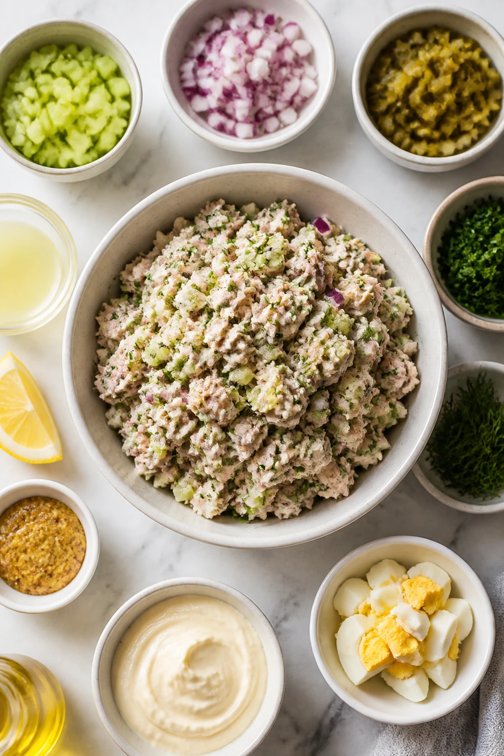 Top-down view of tuna bowl with surrounding ingredient bowls