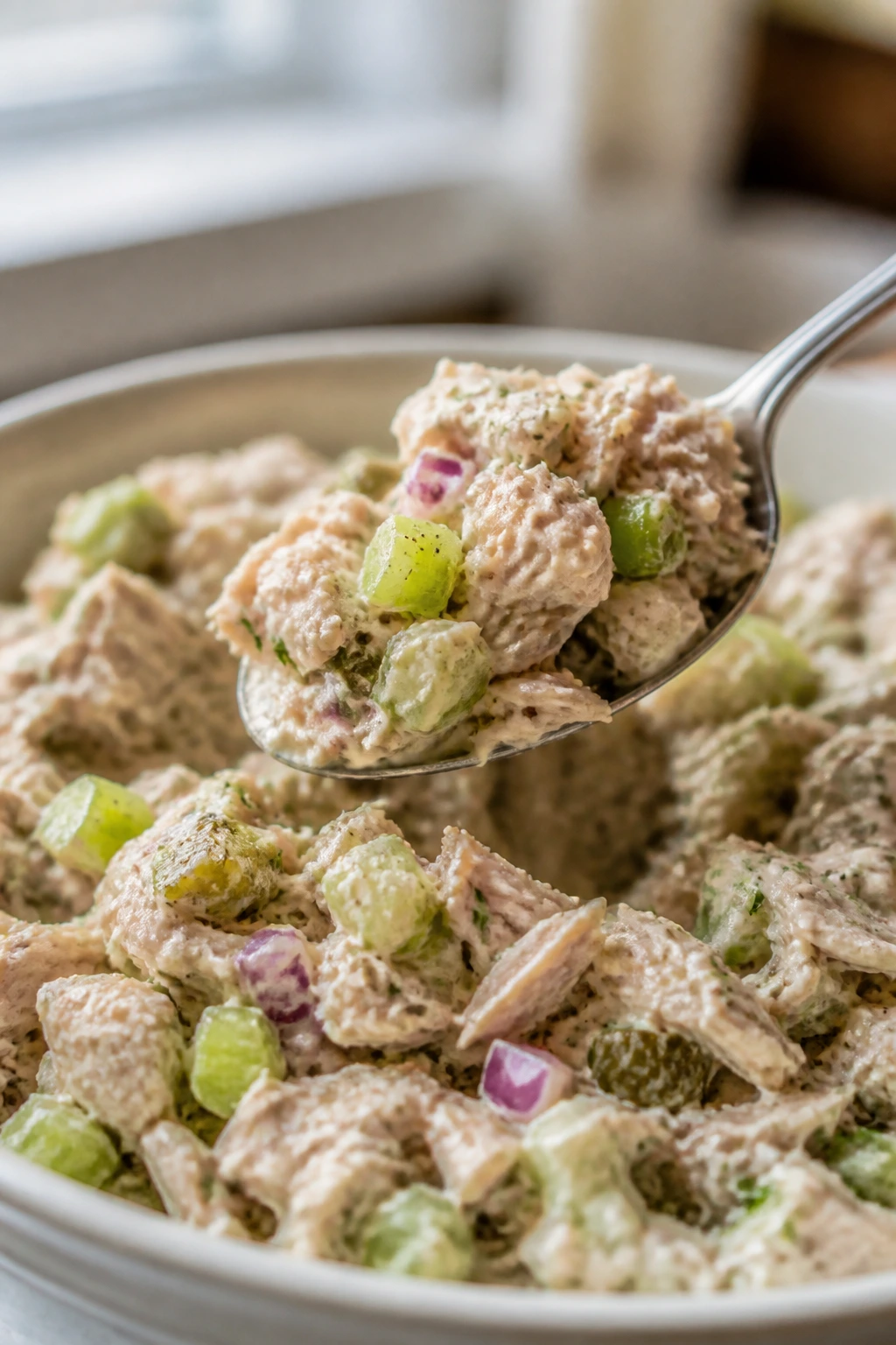 Macro shot of tuna salad showing ingredients bound by dressing