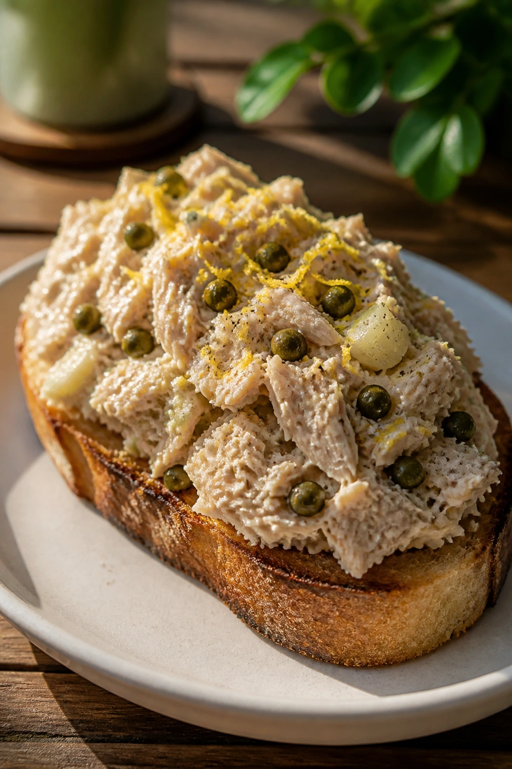 Toasted bread with tuna salad, capers, and lemon zest on a plate outdoors