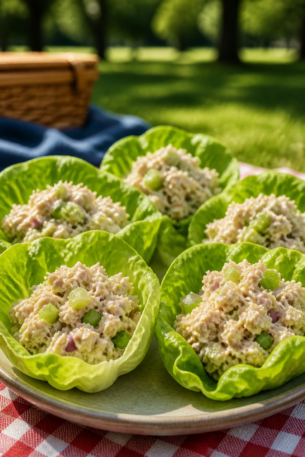 Close-up of butter lettuce cups filled with tuna salad outdoors