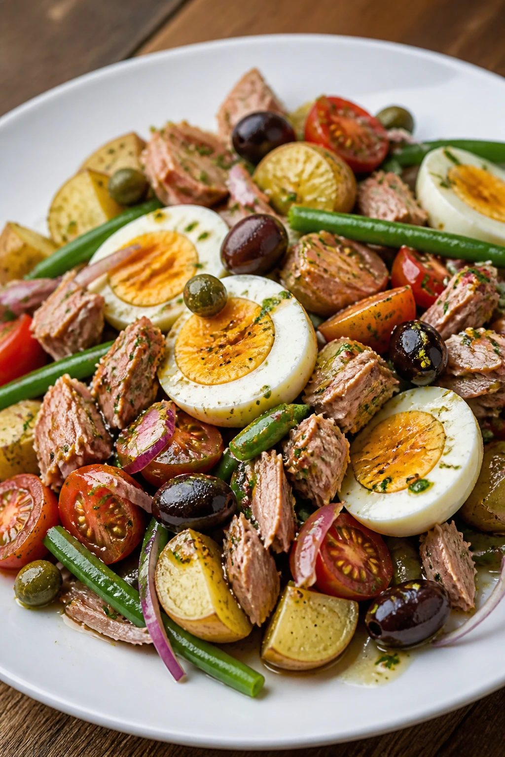 Close-up of Niçoise-style tuna salad with potatoes, eggs, beans, olives on a plate