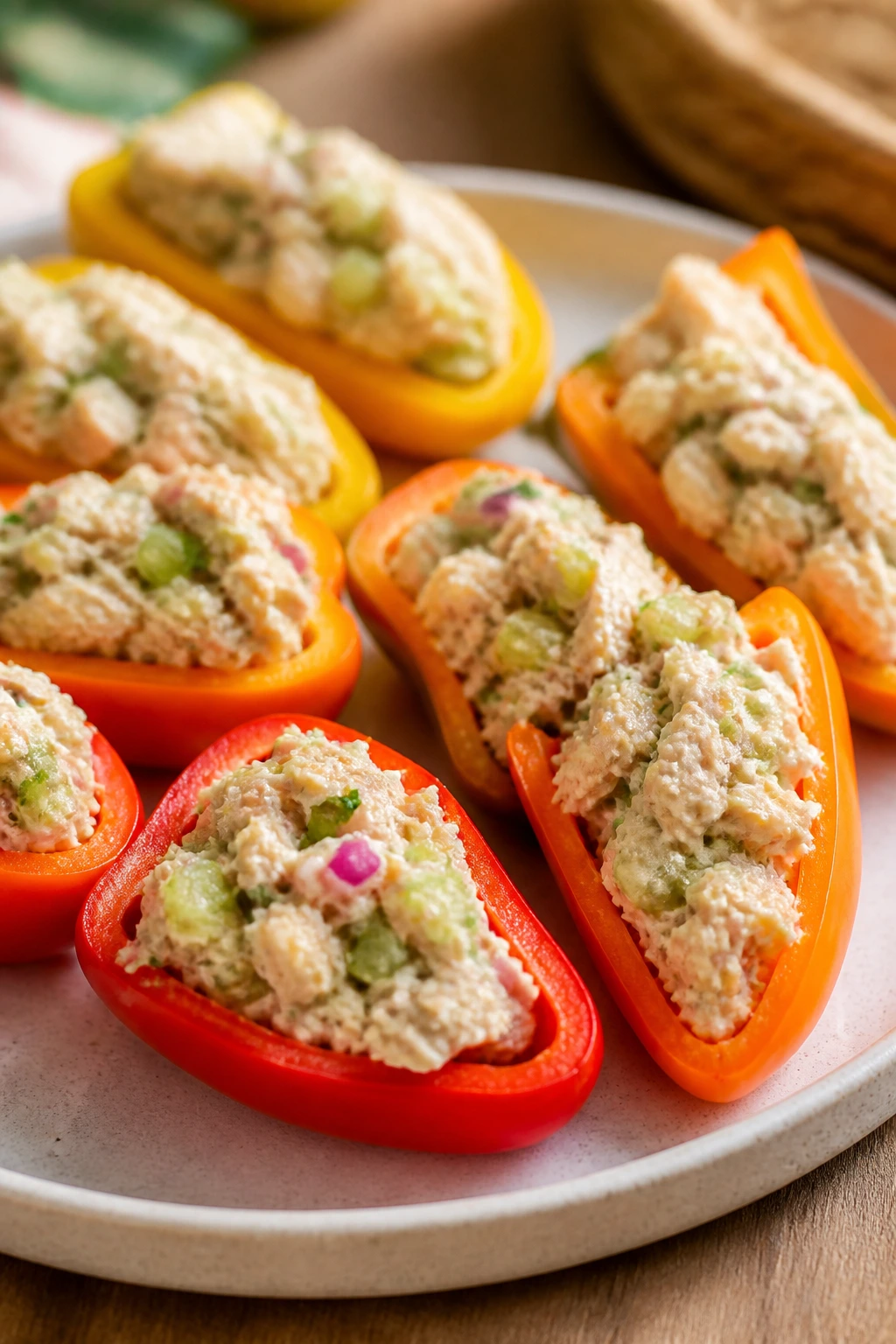 Bright mini peppers stuffed with tuna salad on a plate.