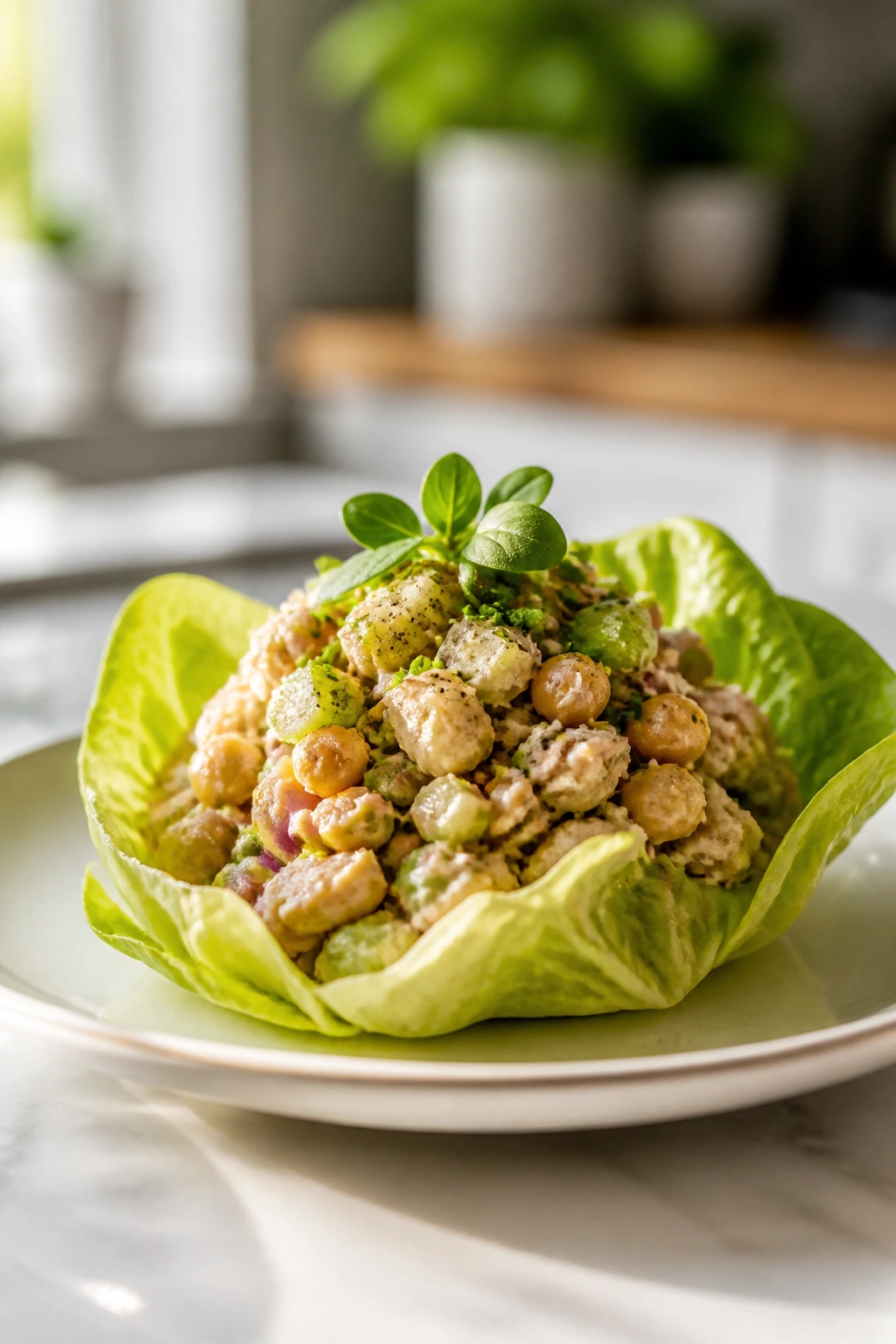 Plated tuna salad in crisp lettuce cup, ready to serve.