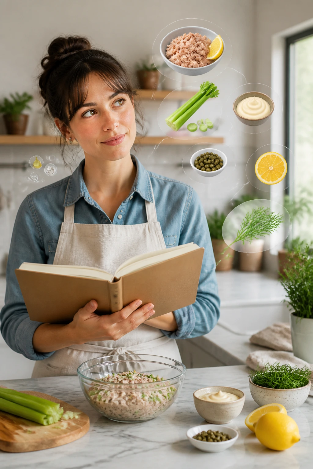 Person in a bright kitchen pondering tuna salad questions with abstract icons overhead