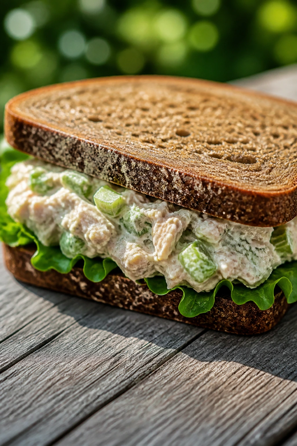 Rye sandwich with tuna salad, dill, and celery on a picnic table