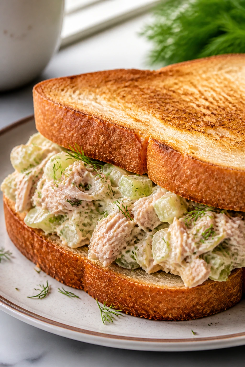 Close-up of Tuna Salad Sandwich with Celery and Dill