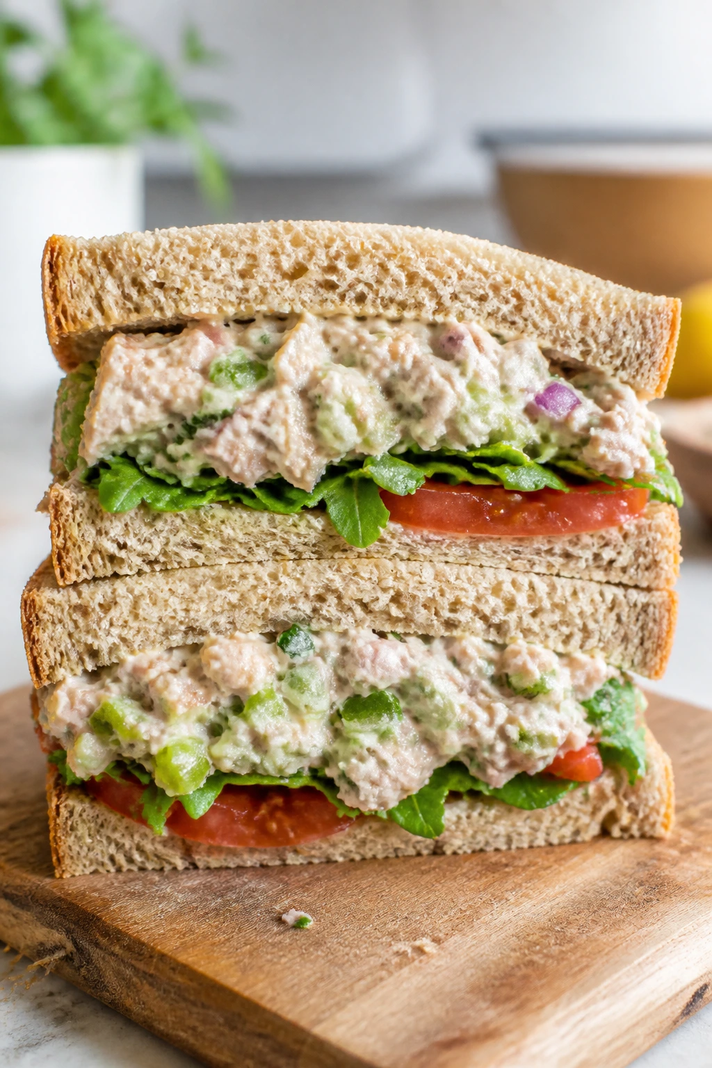 Cross-section of light tuna salad sandwich with creamy dressing visible