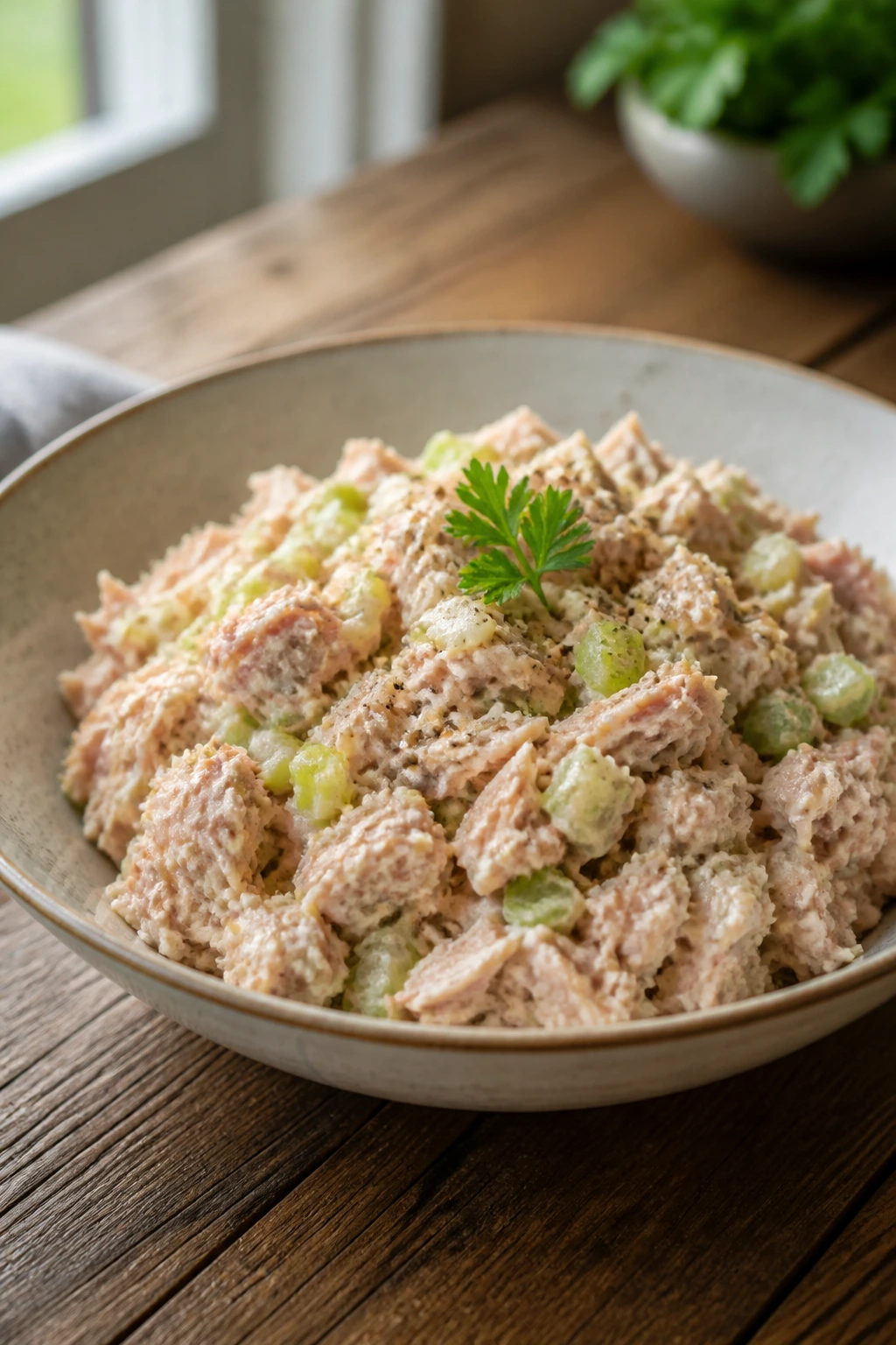 Close-up of tuna salad in a shallow bowl with celery and parsley on a rustic wooden table