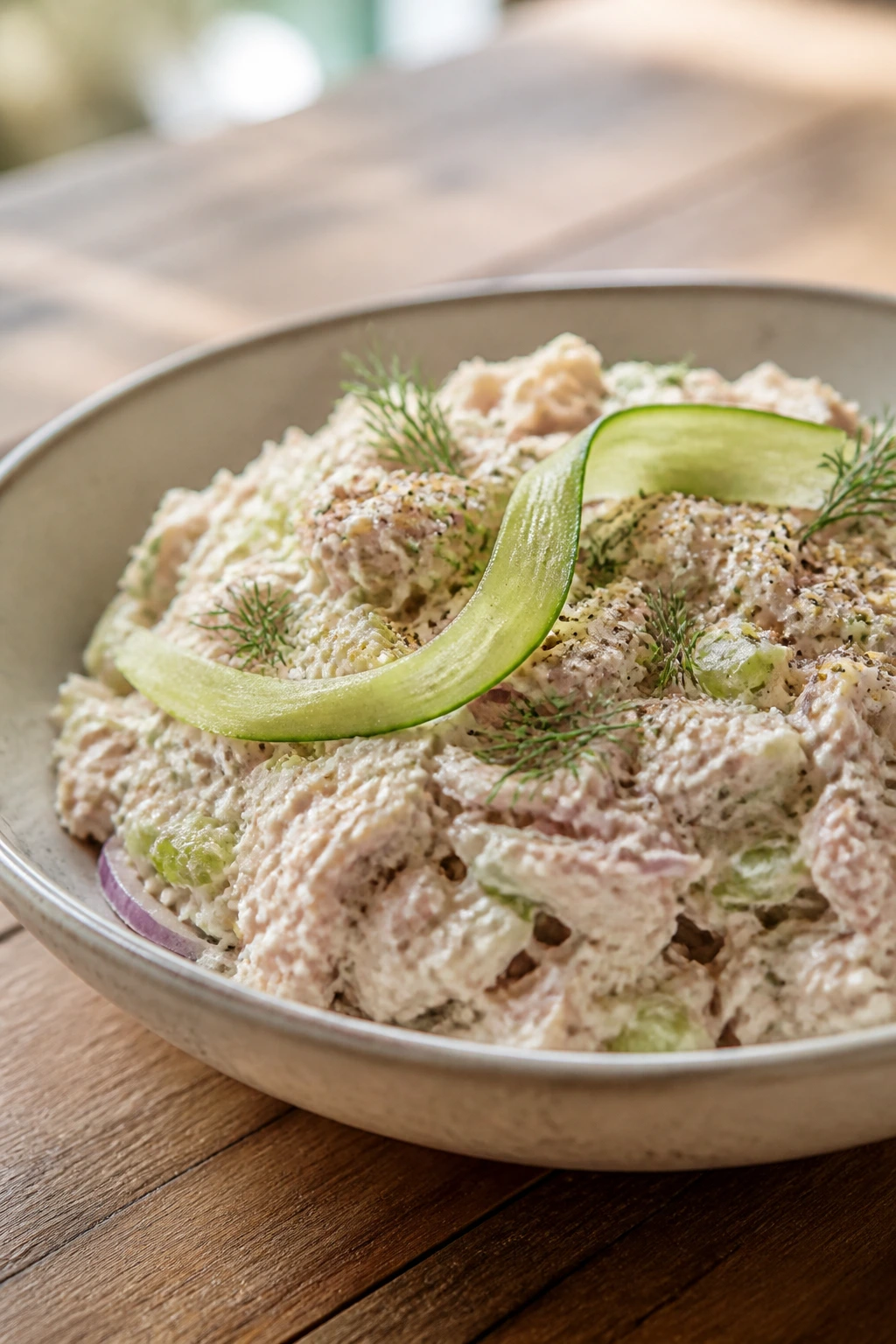 Plated tuna salad with dill garnish on a wooden table