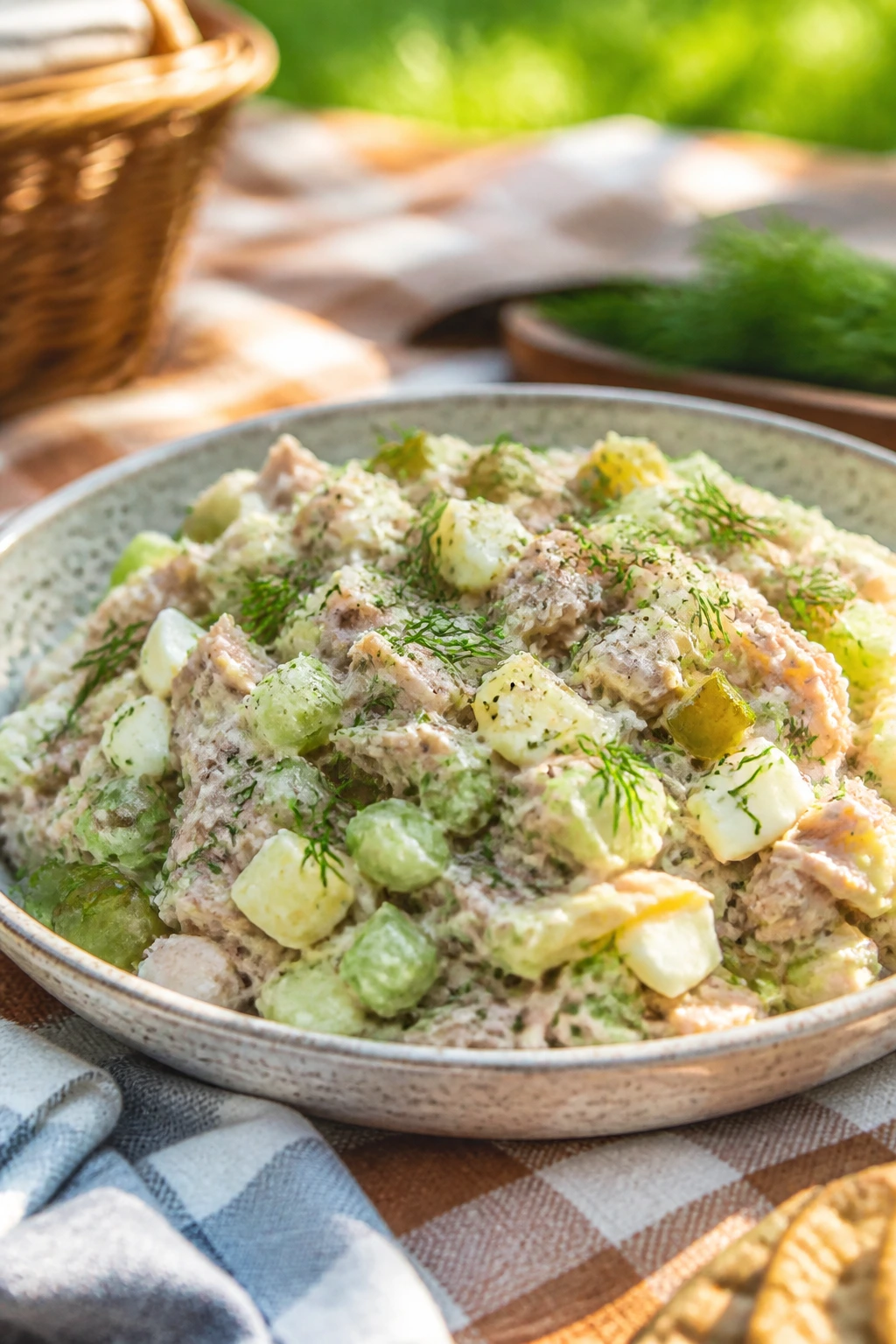 Close-up of tuna salad in a shallow bowl with celery, egg, and pickles, outdoors at a picnic table