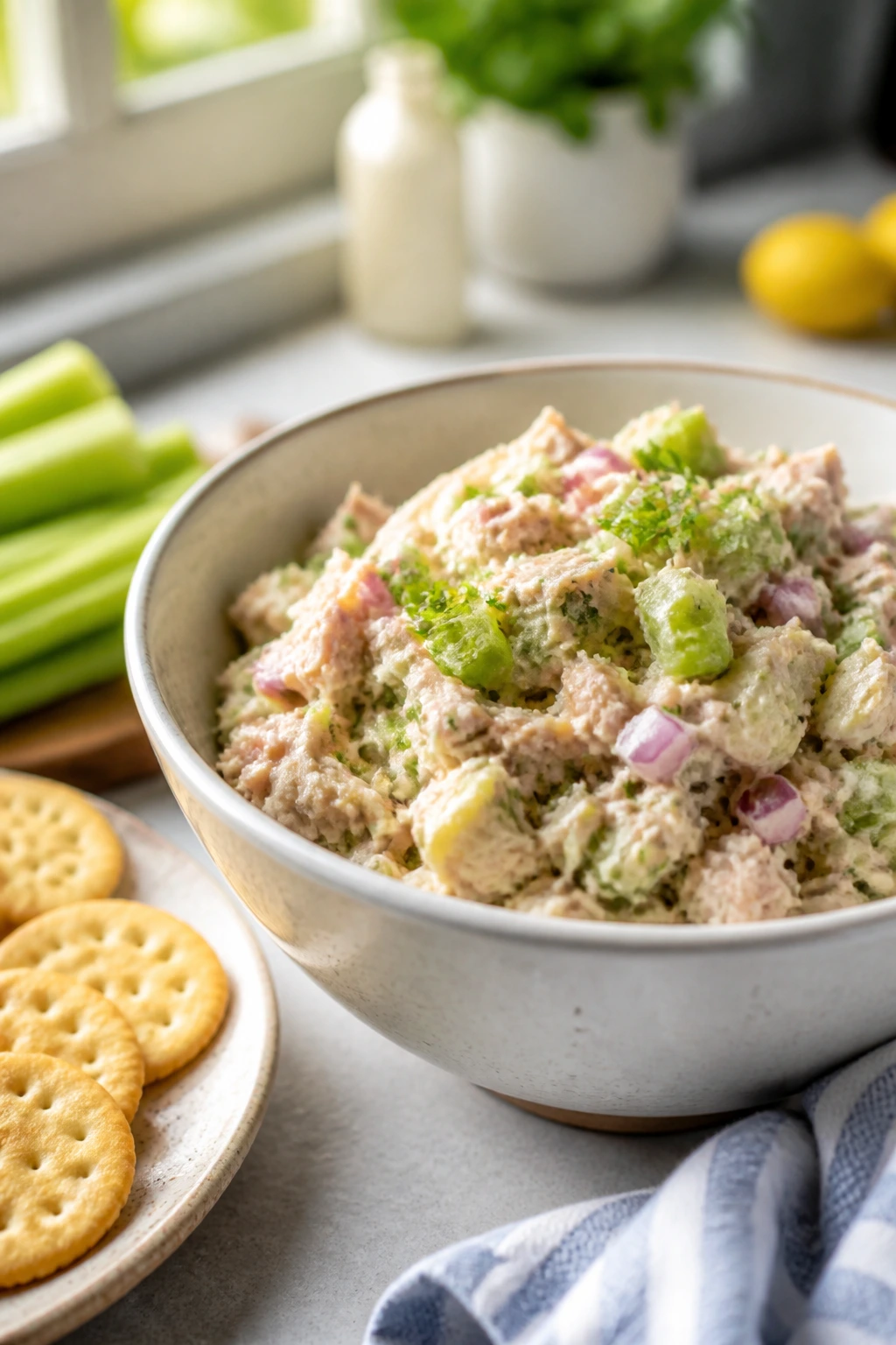 Medium close-up of a bowl of tuna salad with crackers and celery nearby