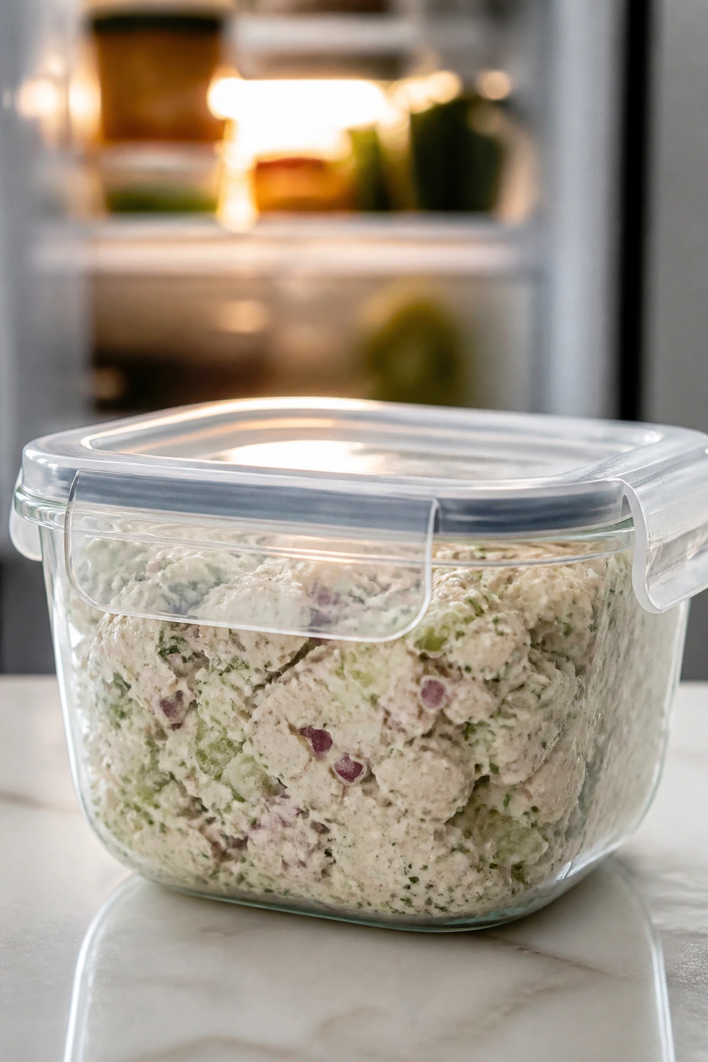 Airtight tuna salad container ready for fridge storage