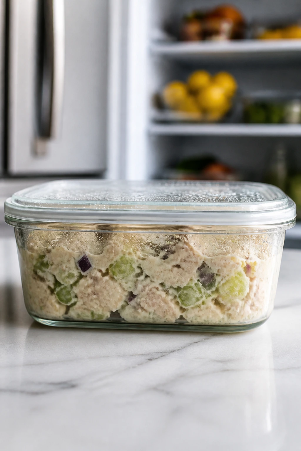 Airtight tuna salad container on a kitchen counter with fridge in background