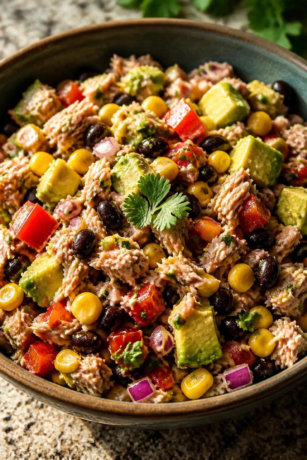 Tex-Mex tuna salad with black beans and corn in a bowl