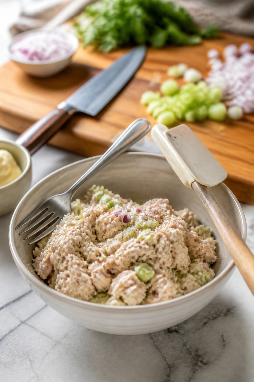 Tuna salad with utensils on the rim of a bowl in a kitchen