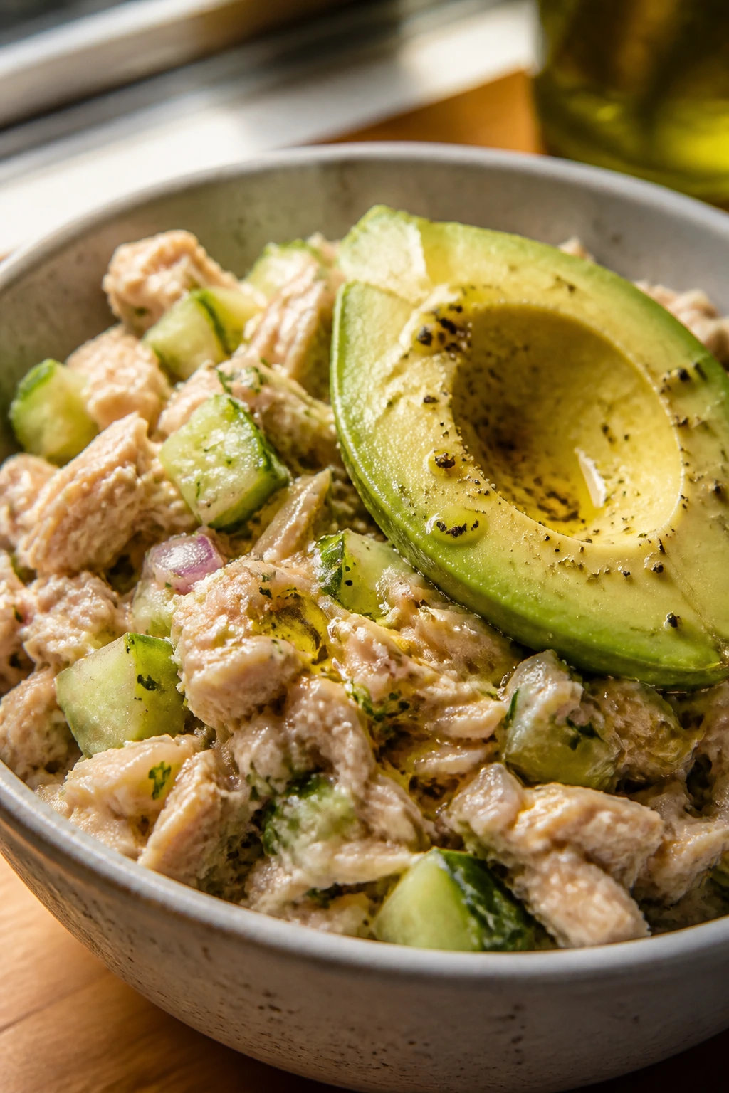 Tuna salad with cucumber and avocado toppings on a kitchen counter