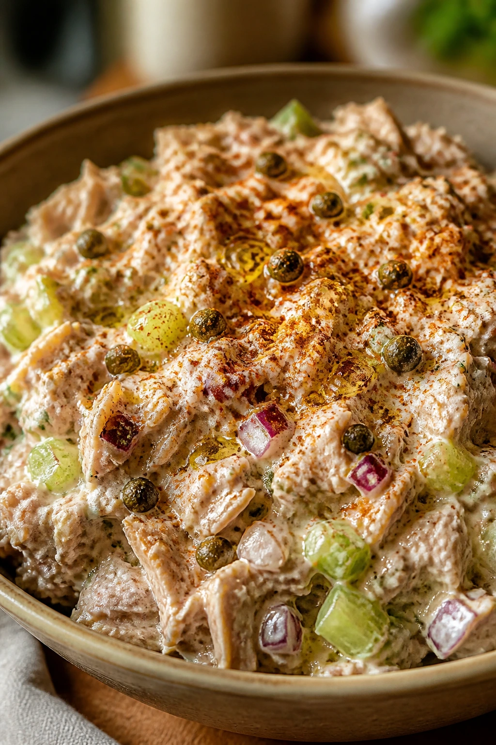 Close-up of tuna salad with caper brine droplets and paprika on top